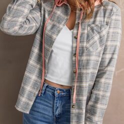 女裝 | 美系 | 卡其格子襯衫連帽衣