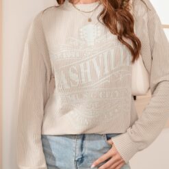 女裝 | 美系 | 杏色 NASHVILLE MUSIC CITY 繩紋圖長袖衫