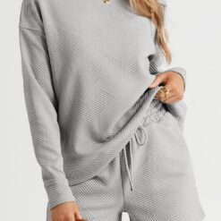 進口商品 70 女裝 | 美系 | 灰紋理長袖上衣 & 抽繩短褲套裝