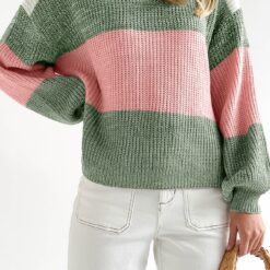 進口商品 132 女裝 | 美系 | 綠拼色落肩寬鬆毛衣