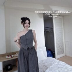 女裝 | 燙鑽斜肩上衣＋後鬆緊腰寬褲套裝
