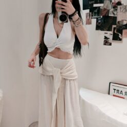 女裝 | 滾邊蕾絲扭結背心 + 嬰兒棉紗綁帶寬褲 (套裝)