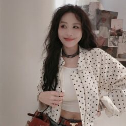 立領澎袖波點外套 杏色 白底黑點