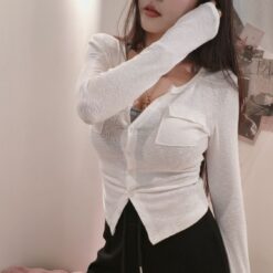 小口袋開扣針織上衣 - 白